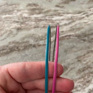 2 Thin metal headbands with pink and blue enamel